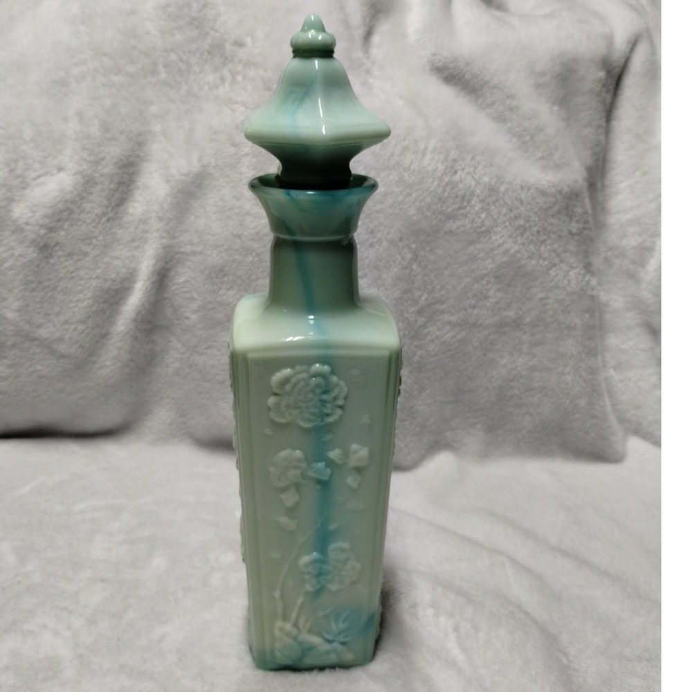 Vintage Blue Green Slag Glass Liquor Bottle Decanter Floral Embossed w/ Stopper